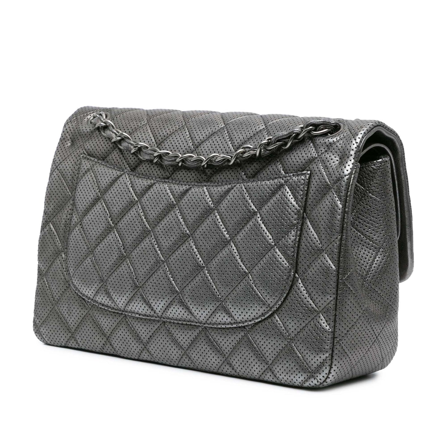 Silver Chanel Jumbo Classic Perforated Lambskin Double Flap Shoulder Bag