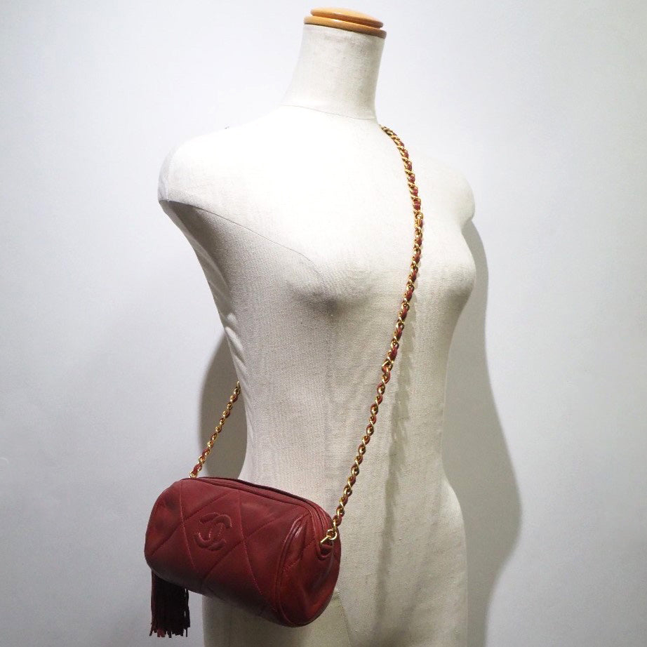 CHANEL Shoulder Bag lambskin Red Matrasse Fringe ChainShoulder Women Used