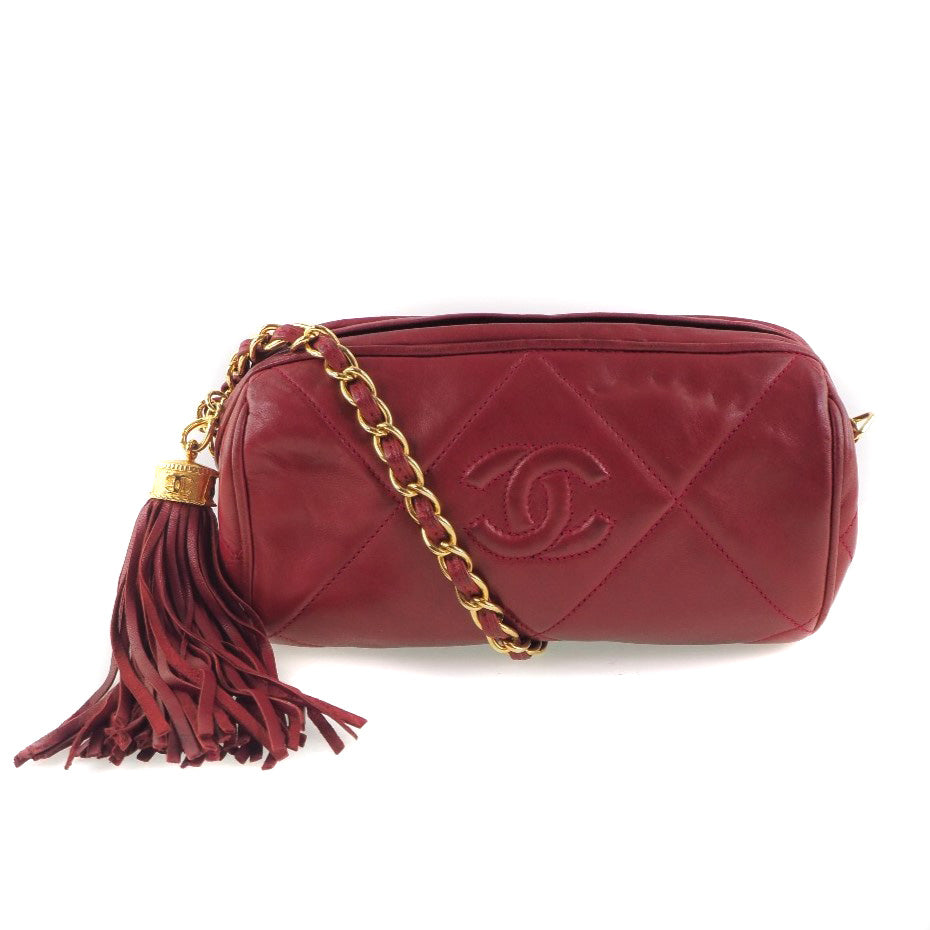 CHANEL Shoulder Bag lambskin Red Matrasse Fringe ChainShoulder Women Used