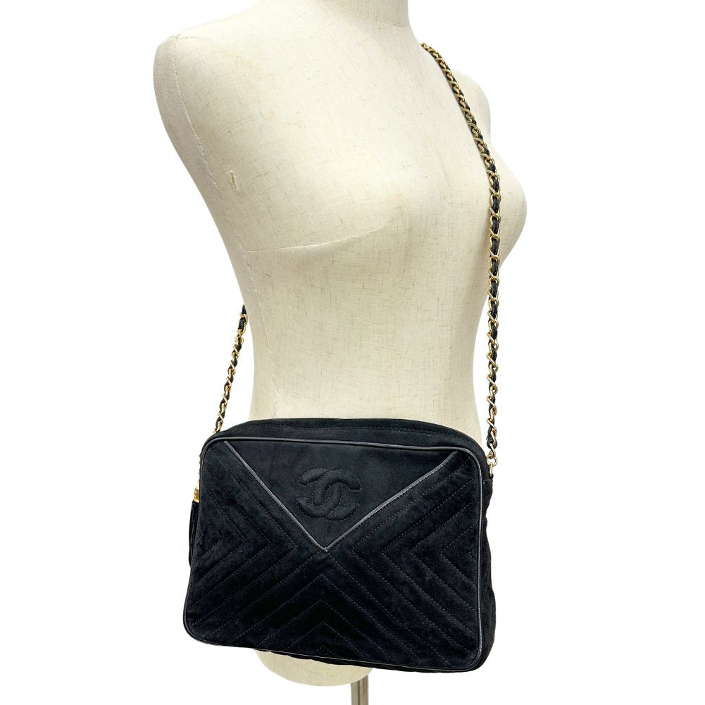 CHANEL Shoulder Bag Suede black Vstitch ChainShoulder Women Used