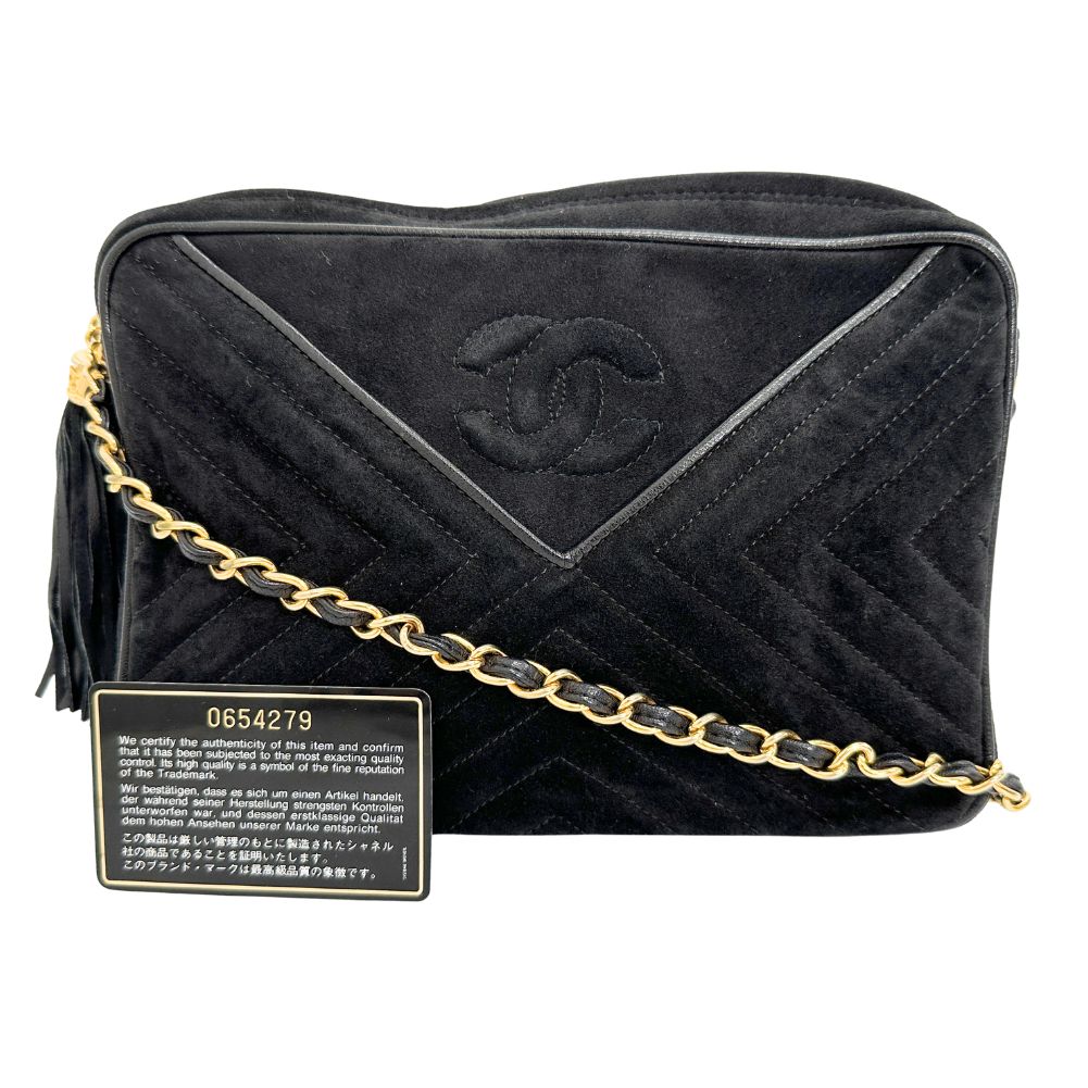 CHANEL Shoulder Bag Suede black Vstitch ChainShoulder Women Used