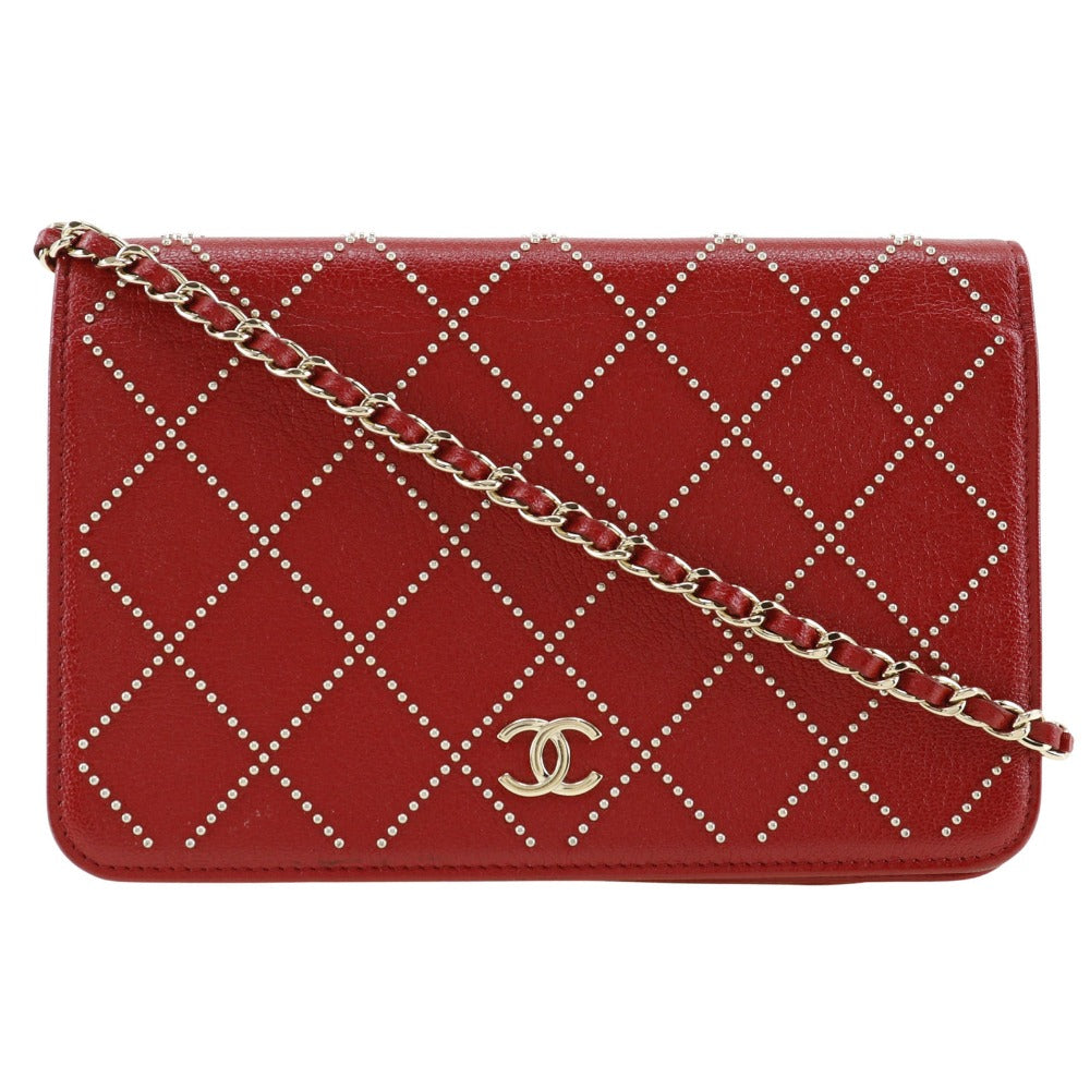 CHANEL Shoulder Bag Calfskin Red Matrasse Studs