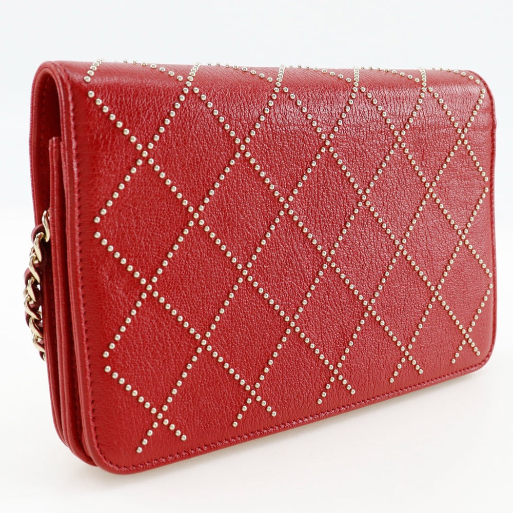 CHANEL Shoulder Bag Calfskin Red Matrasse Studs