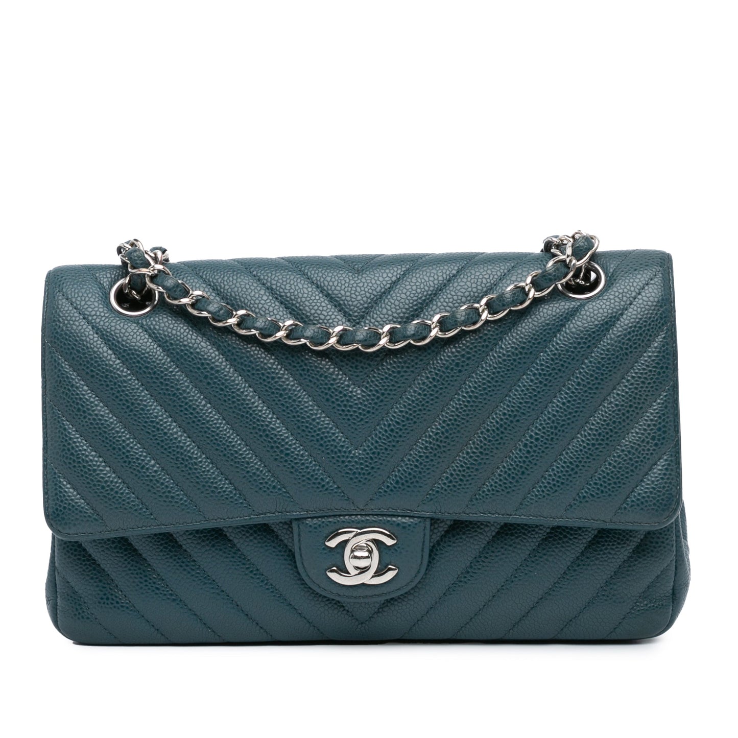 Blue Chanel Medium Classic Chevron Caviar Double Flap Shoulder Bag