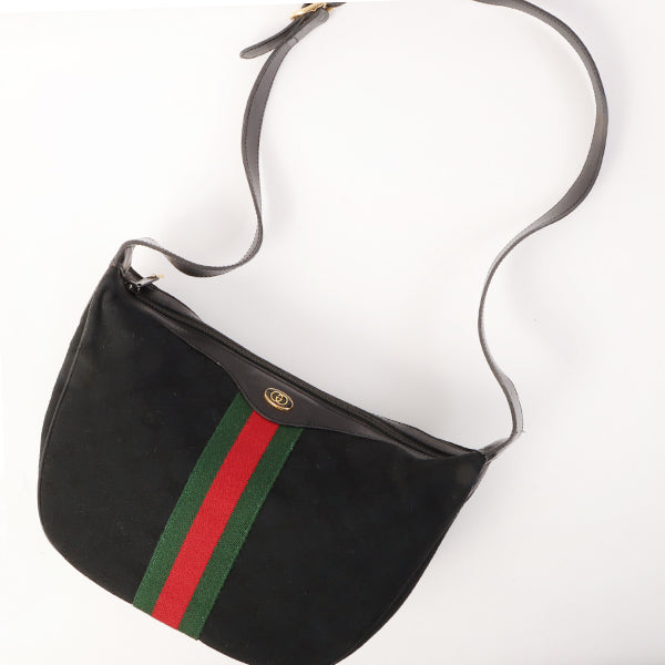 Gucci Gg Pattern Logo Plate Web Detailed Shoulder Bag Black