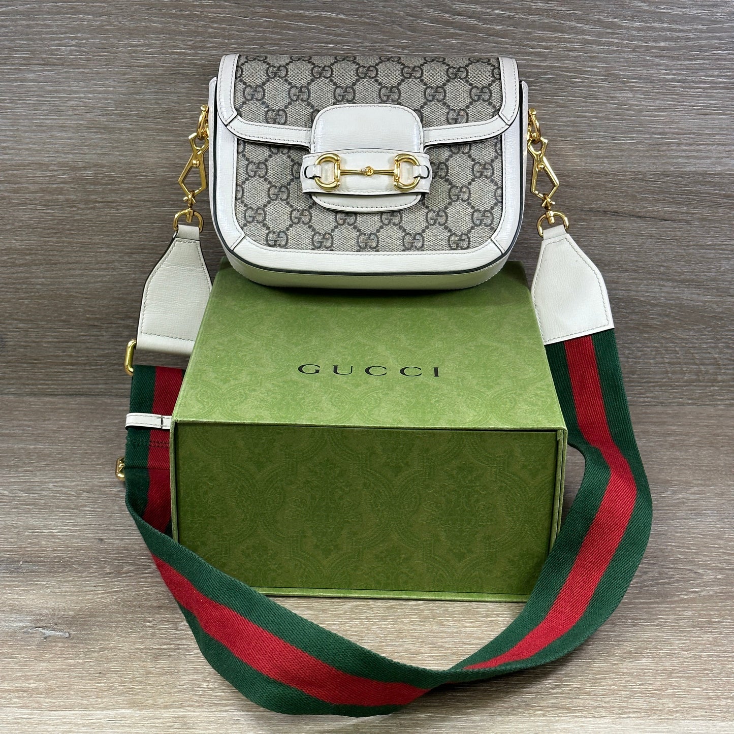 Gucci GG Supreme Monogram Web Mini Horsebit 1955 Shoulder Bag - Beige Mystic White