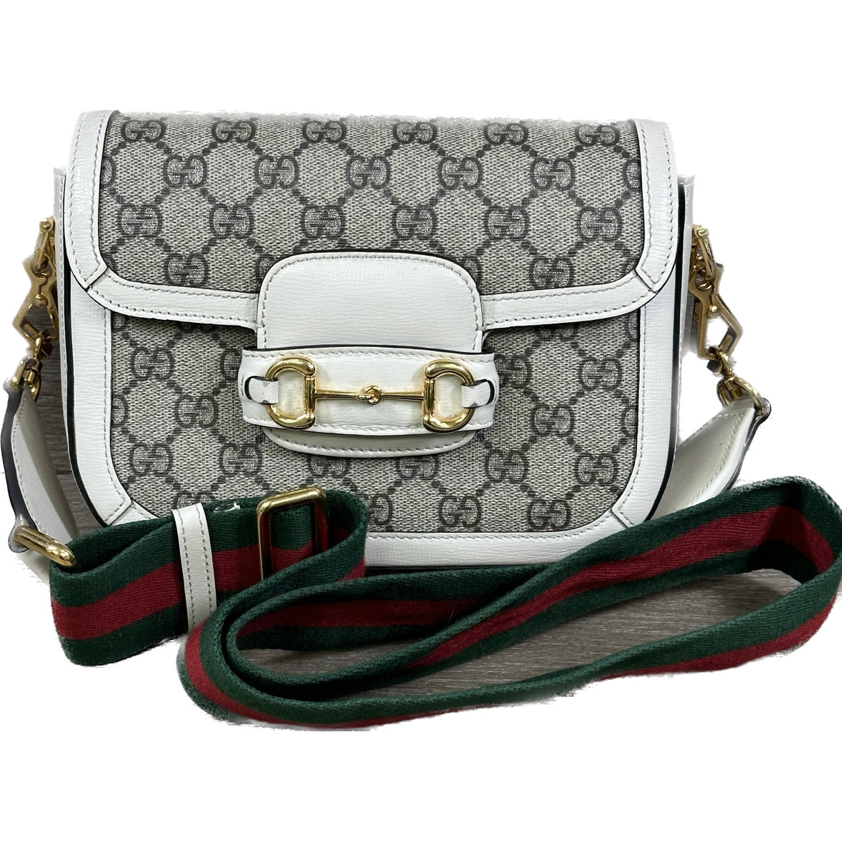 Gucci GG Supreme Monogram Web Mini Horsebit 1955 Shoulder Bag - Beige Mystic White