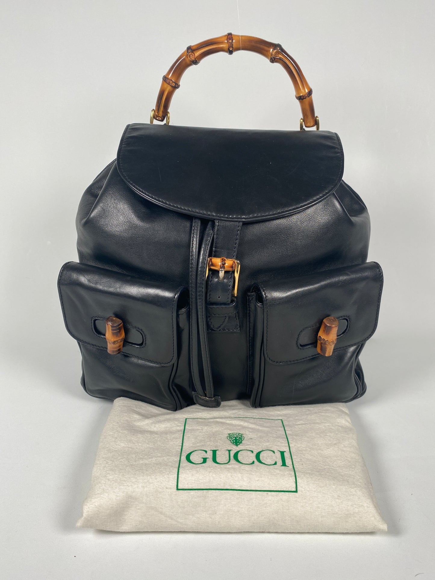GUCCI - BAMBOO HANDLE BLACK LEATHER BACK PACK
