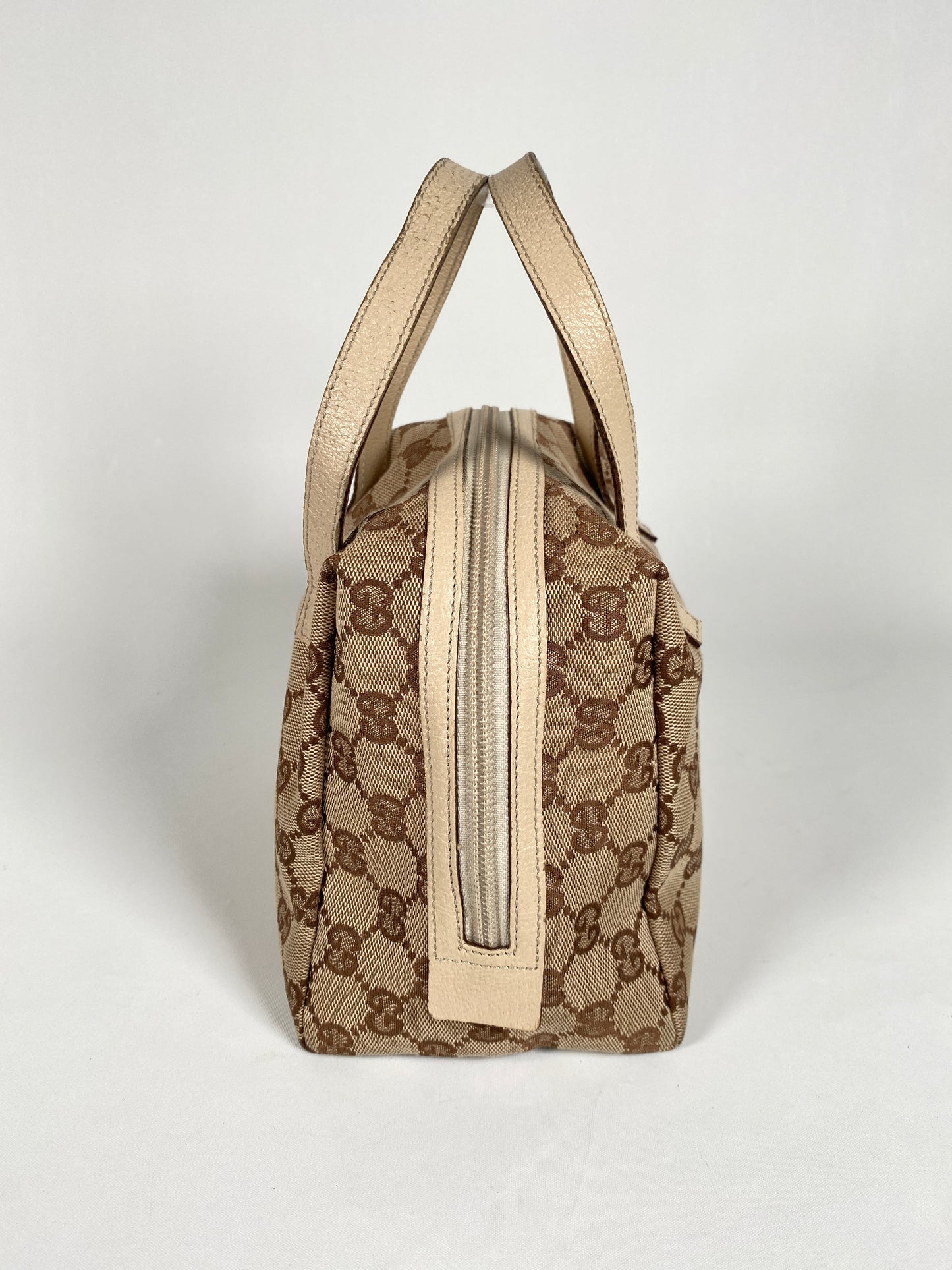GUCCI - BEIGE & WHITE GG CANVAS & LEATHER MINI SATCHEL BAG