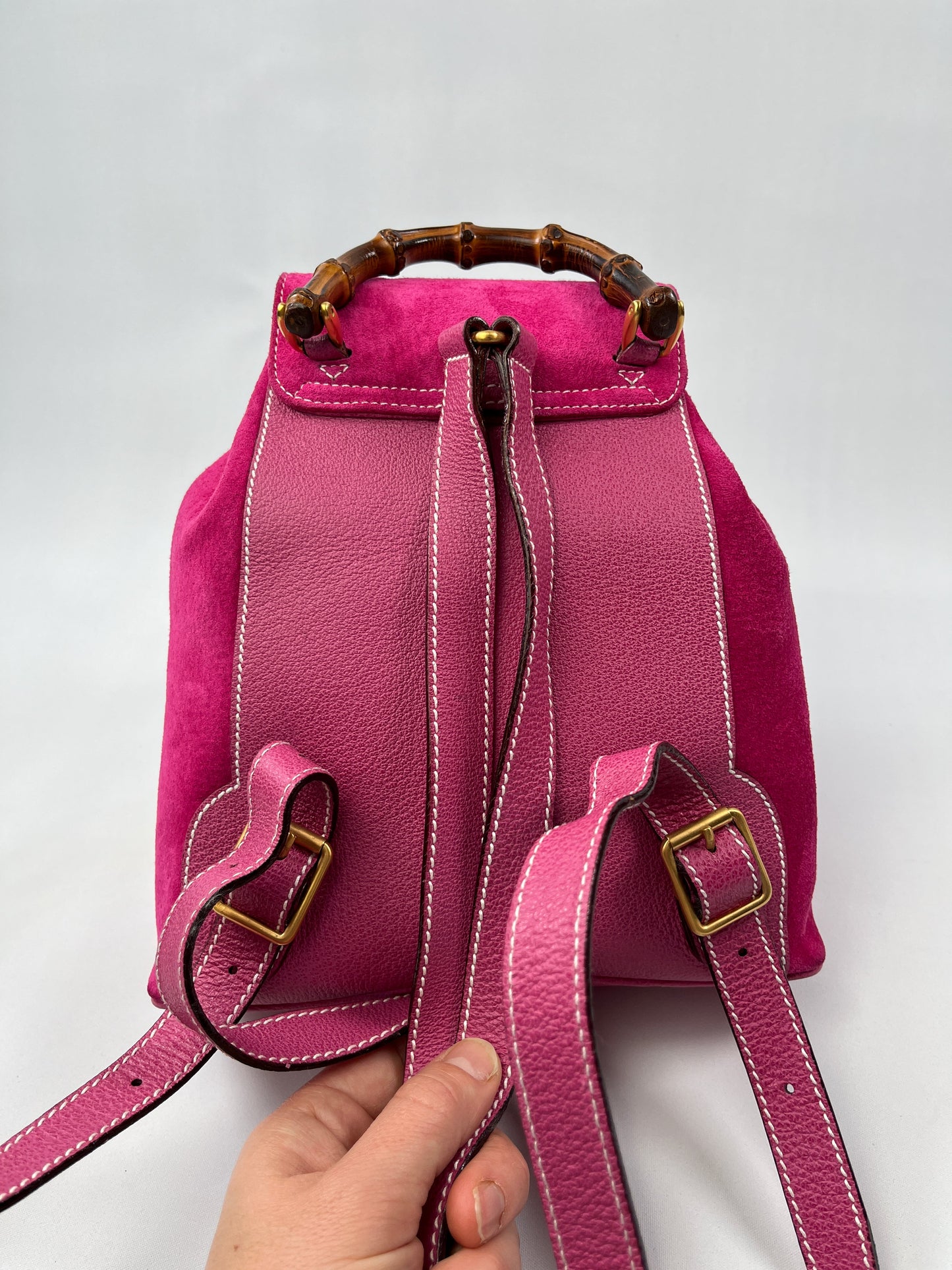 GUCCI - PINK SUEDE BAMBOO DRAWSTRING BACKPACK