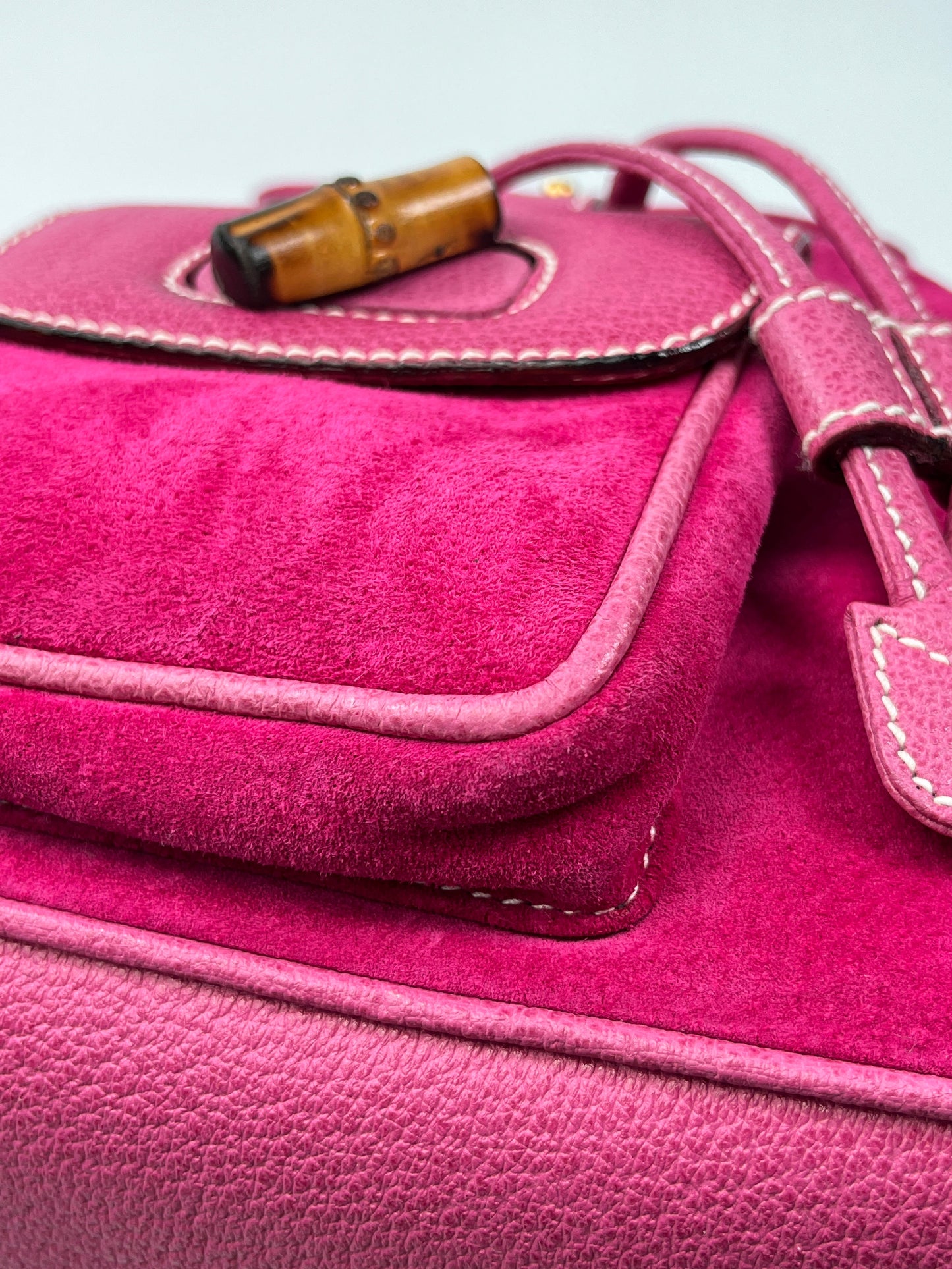GUCCI - PINK SUEDE BAMBOO DRAWSTRING BACKPACK