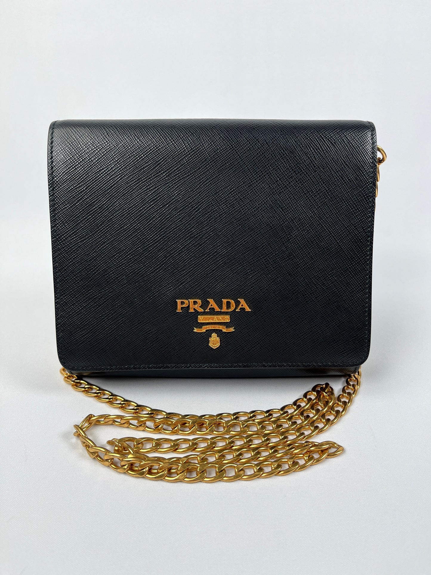 PRADA - BLACK SAFFIANO LUX CHAIN CROSSBODY BAG
