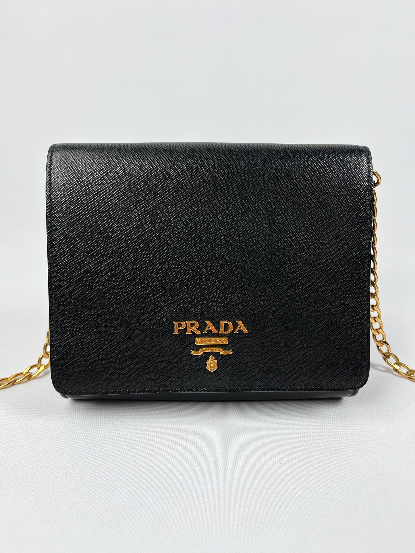PRADA - BLACK SAFFIANO LUX CHAIN CROSSBODY BAG