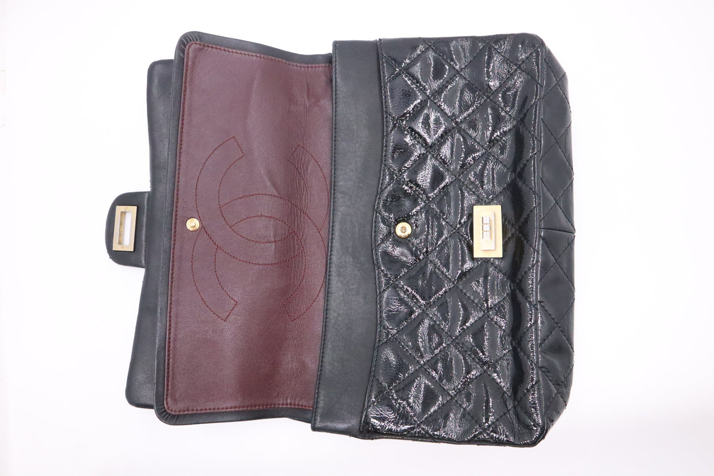 Chanel 2.55 Large Patent Flap in Black Matelasse Leather