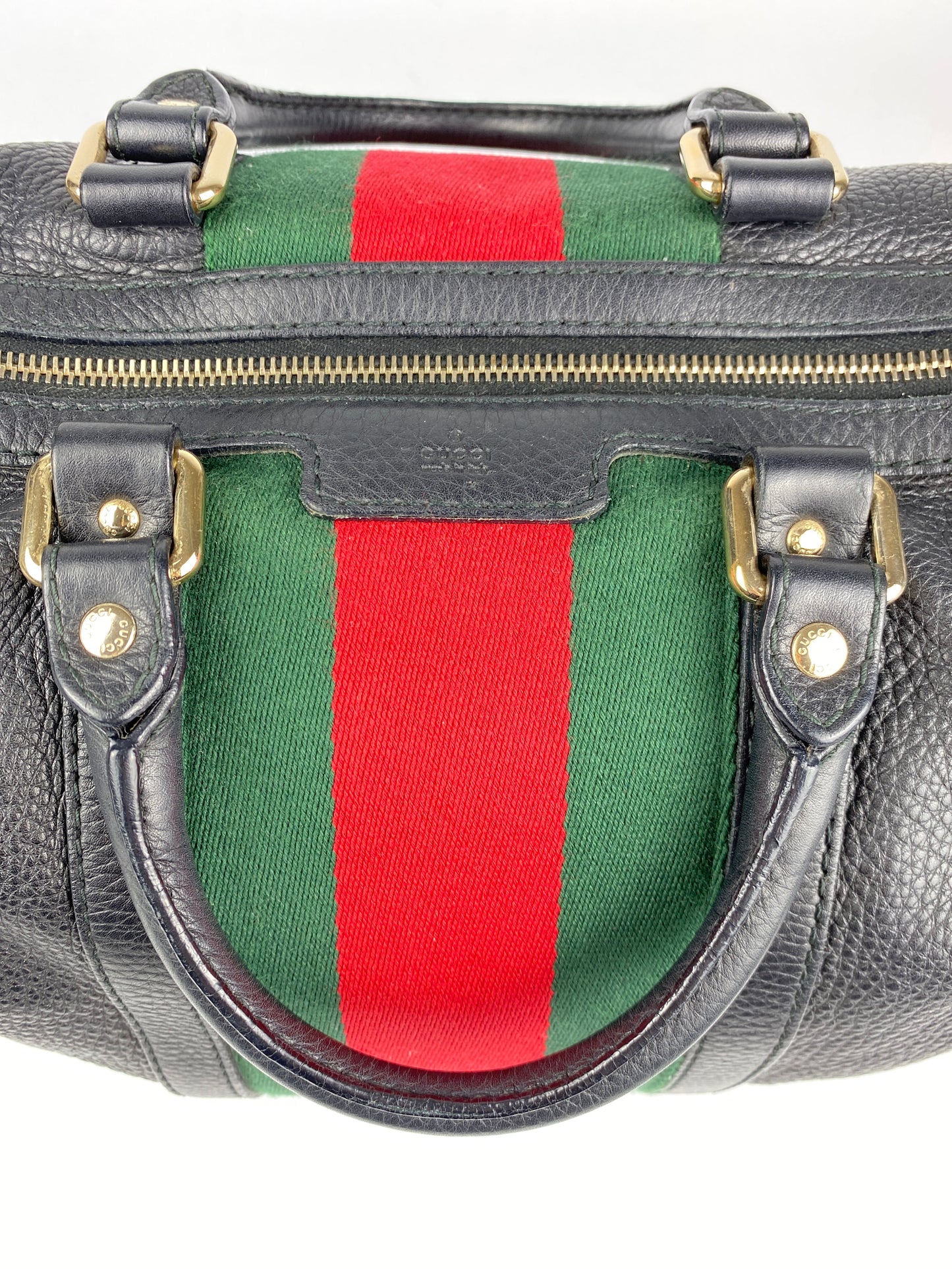 GUCCI - BLACK LEATHER WEB BOSTON BAG MEDIUM - VINTAGE