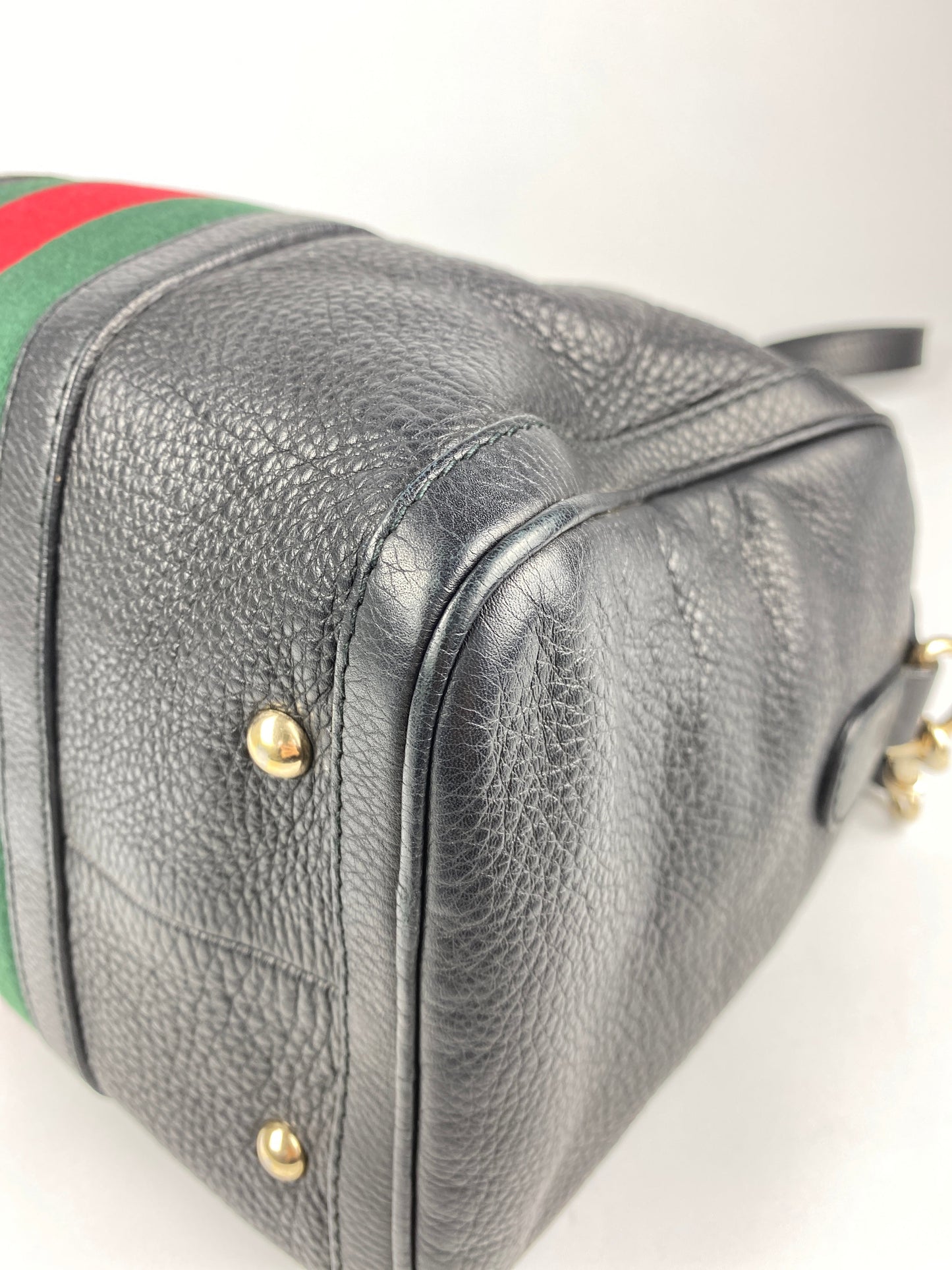 GUCCI - BLACK LEATHER WEB BOSTON BAG MEDIUM - VINTAGE