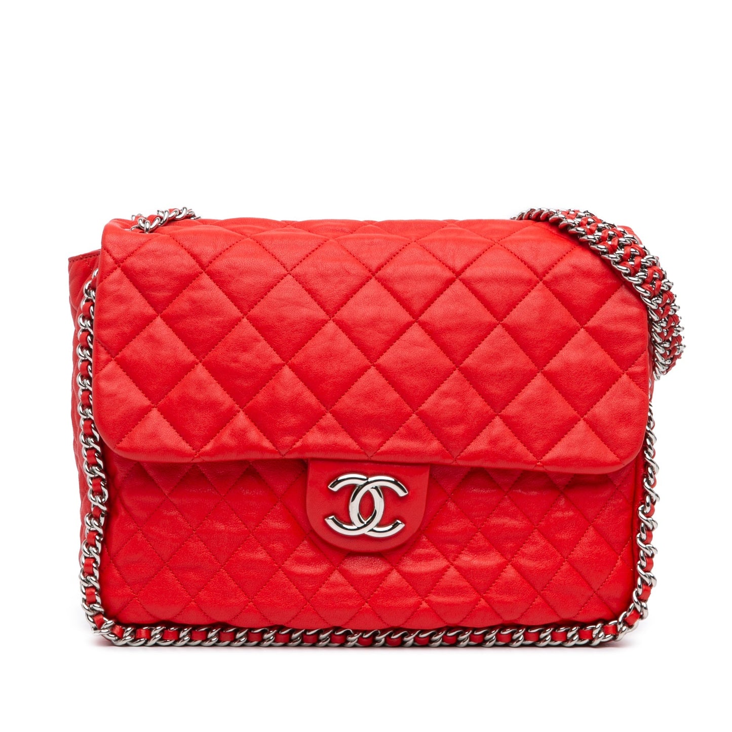 Red Chanel Maxi Washed Lambskin Chain Around Flap Shoulder Bag