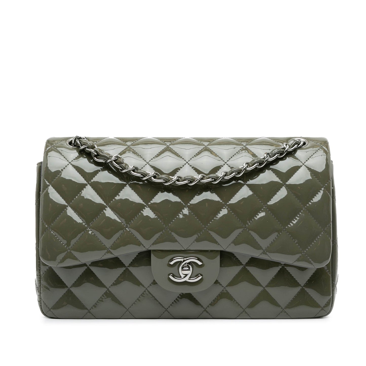 Green Chanel Jumbo Classic Patent Double Flap Shoulder Bag