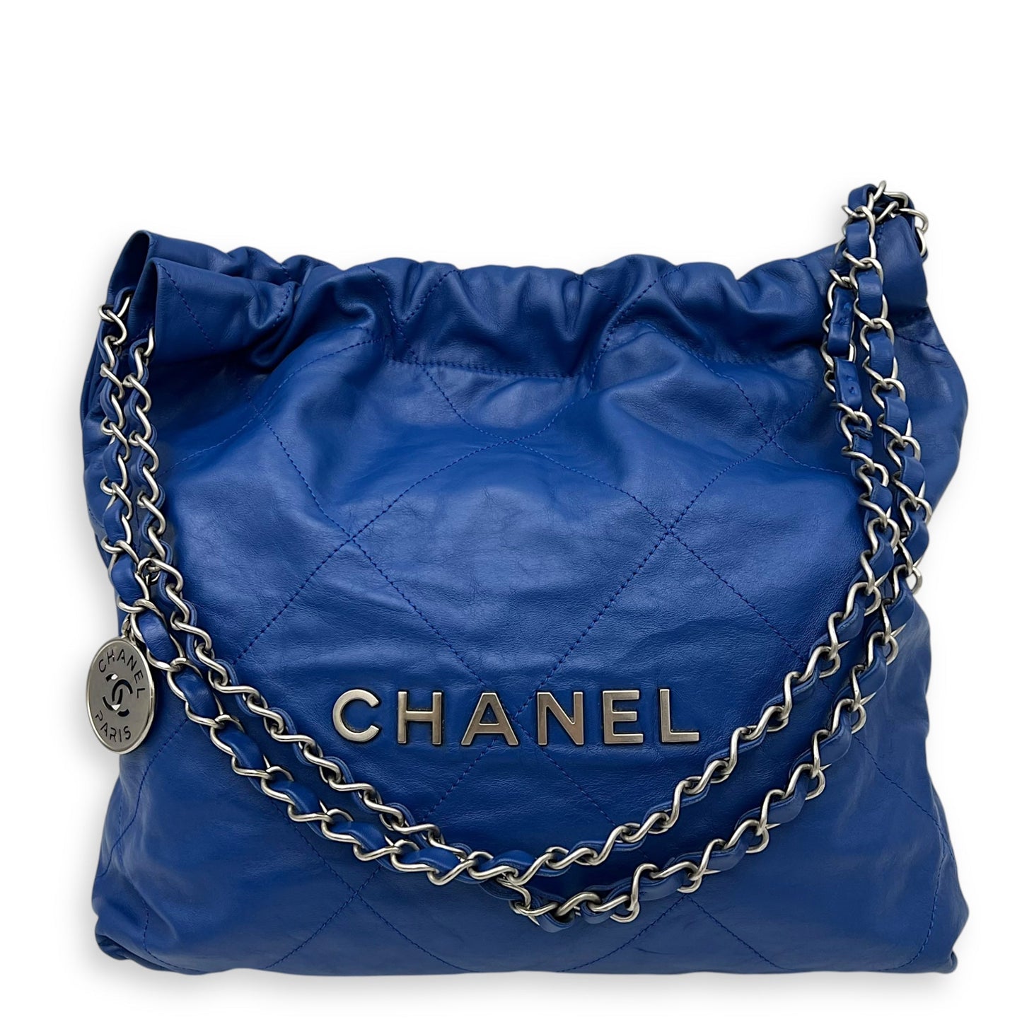 22 Tote Shoulder Bag Blue in Calfskin, Silver hardware