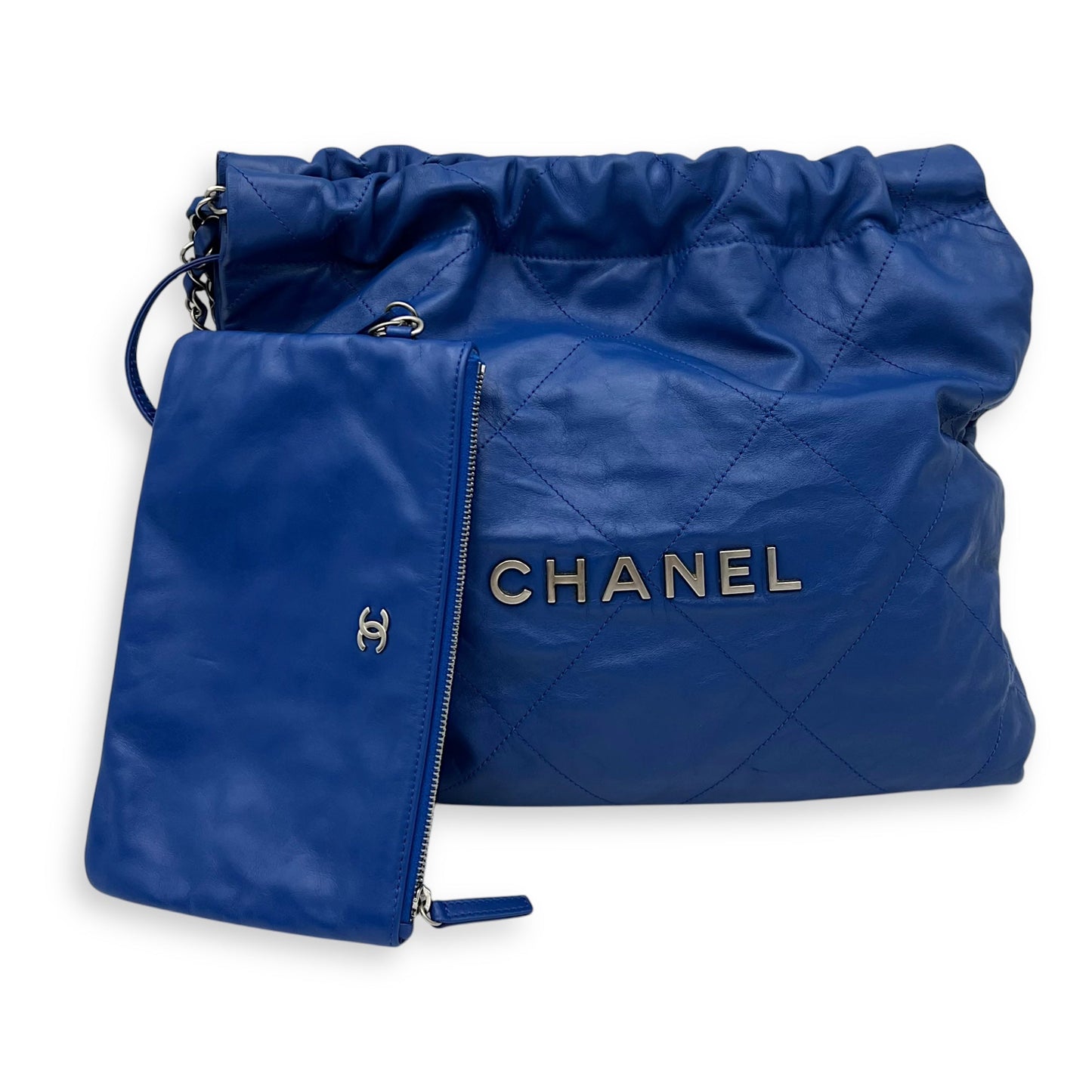 22 Tote Shoulder Bag Blue in Calfskin, Silver hardware