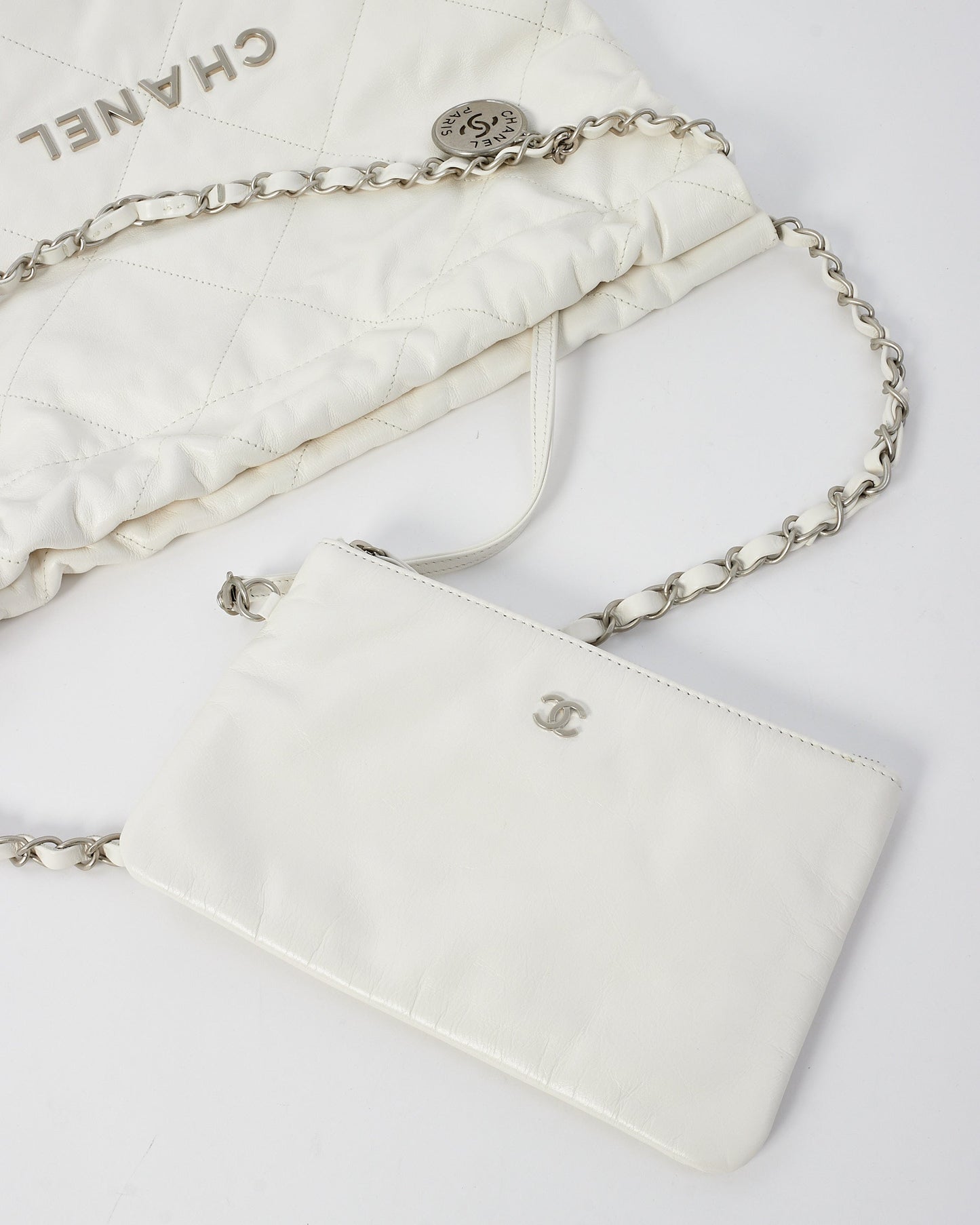 Chanel White Lambskin Leather Chanel 22 Shoulder Bag