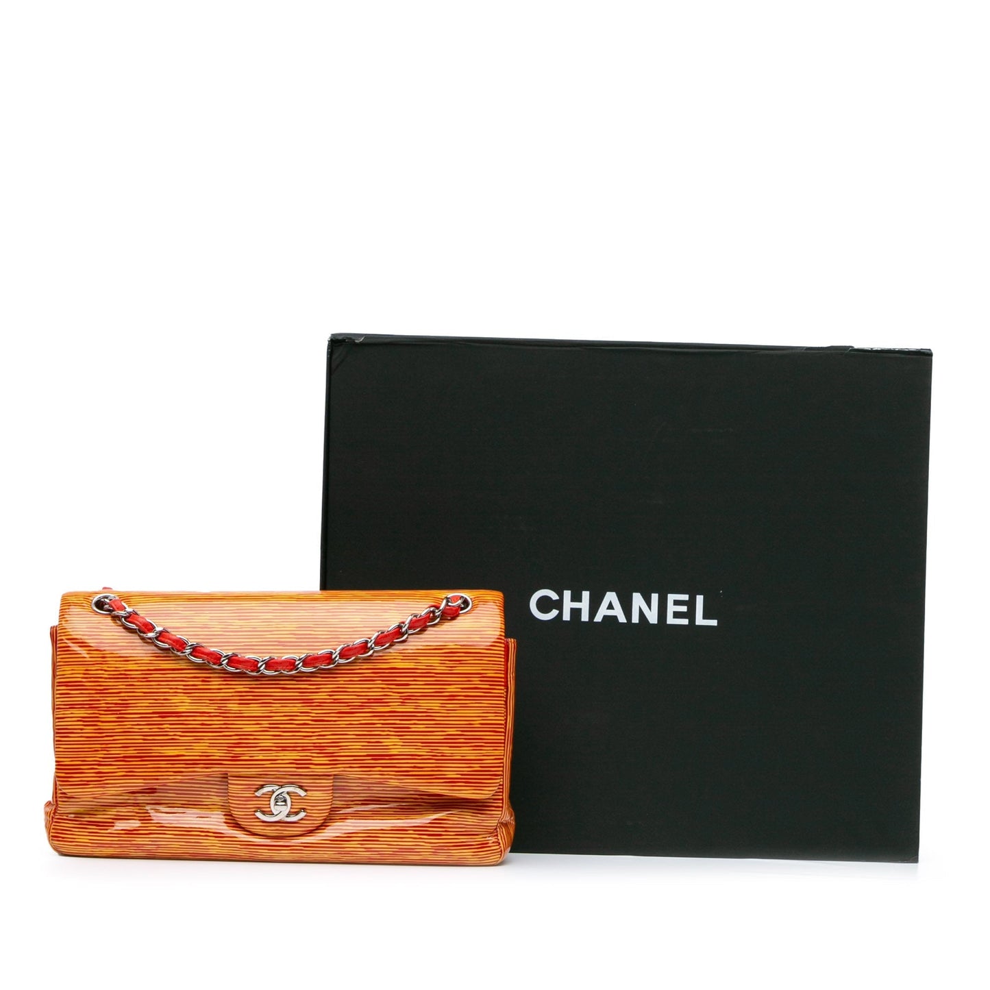 Orange Chanel Jumbo Classic Patent Stiped Double Flap Shoulder Bag