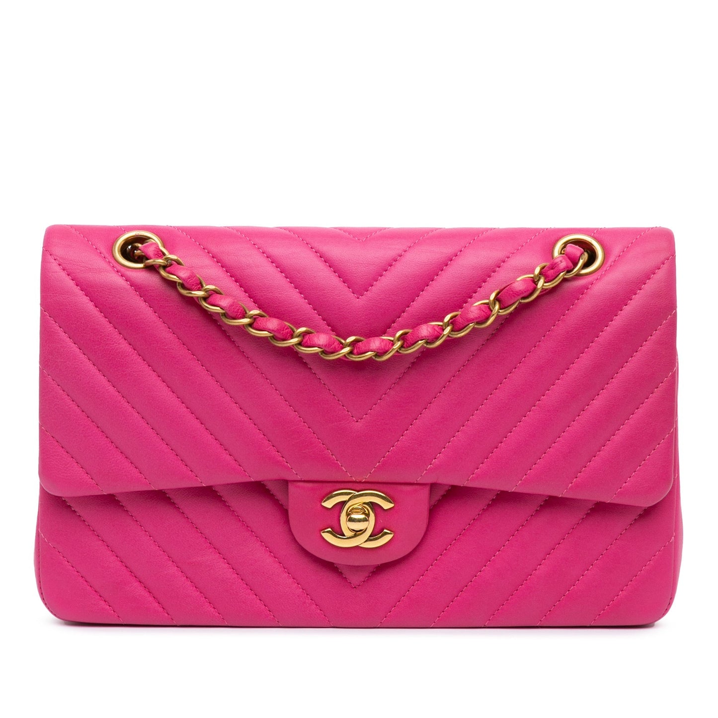 Pink Chanel Medium Classic Chevron Lambskin Double Flap Shoulder Bag