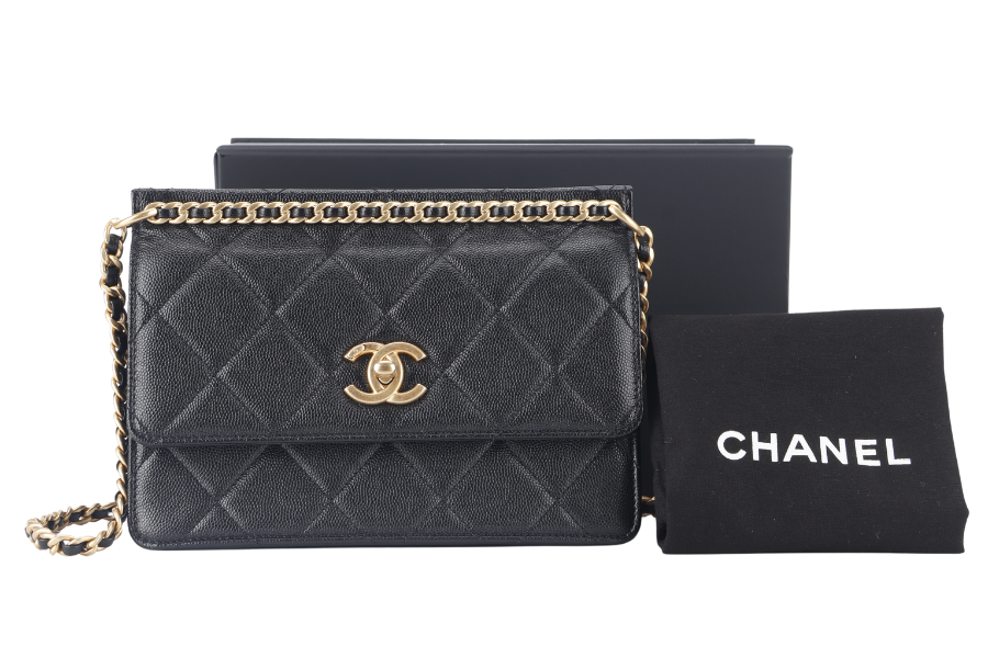 CHANEL 23A CHAIN SHOULDER BAG MICROCHIP (GCNHxxxx) BLACK CAVIAR LEATHER GOLD HARDWARE WITH DUST COVER AND BOX