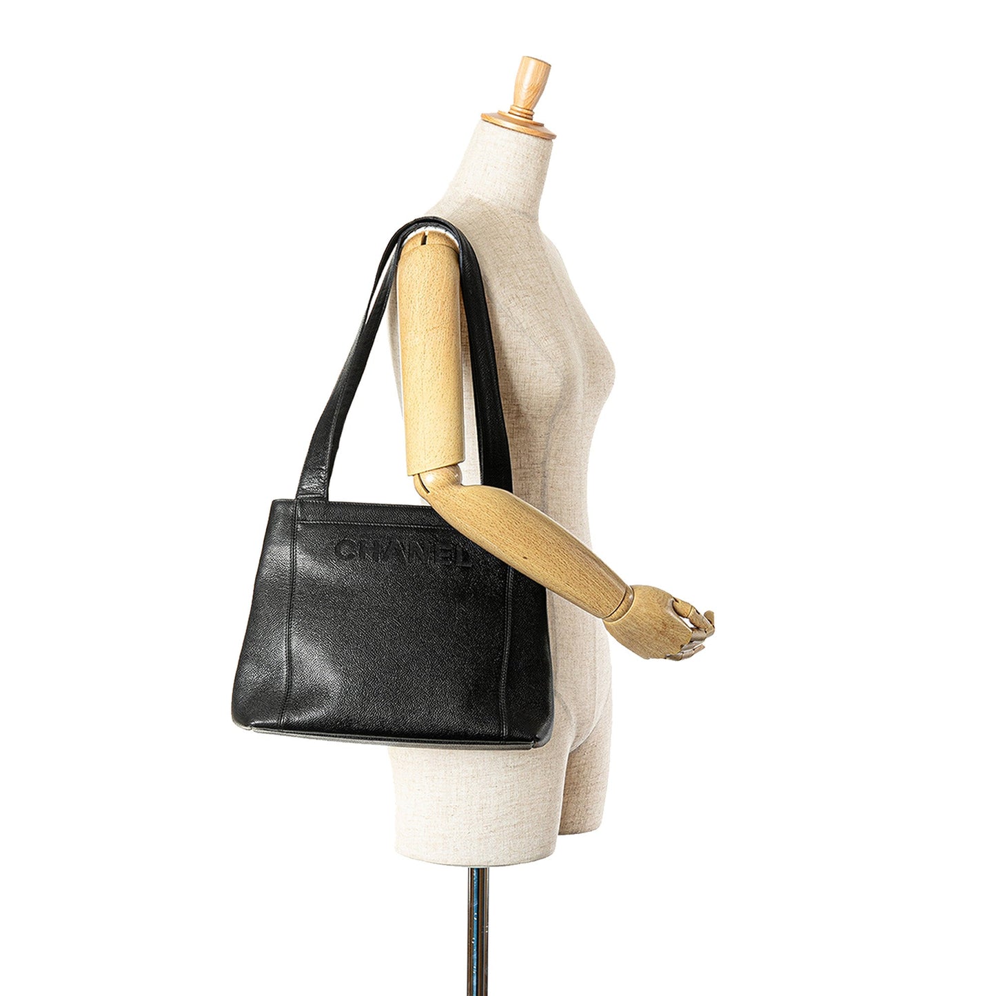 Black Chanel Embroidered Caviar Logo Shoulder Bag