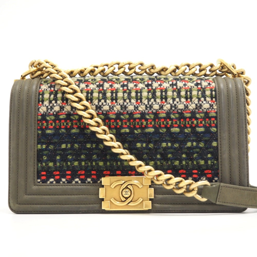 CHANEL Shoulder Bag Leather, Tweed khaki COCO Mark Boy Chanel