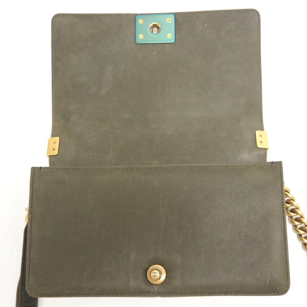 CHANEL Shoulder Bag Leather, Tweed khaki COCO Mark Boy Chanel