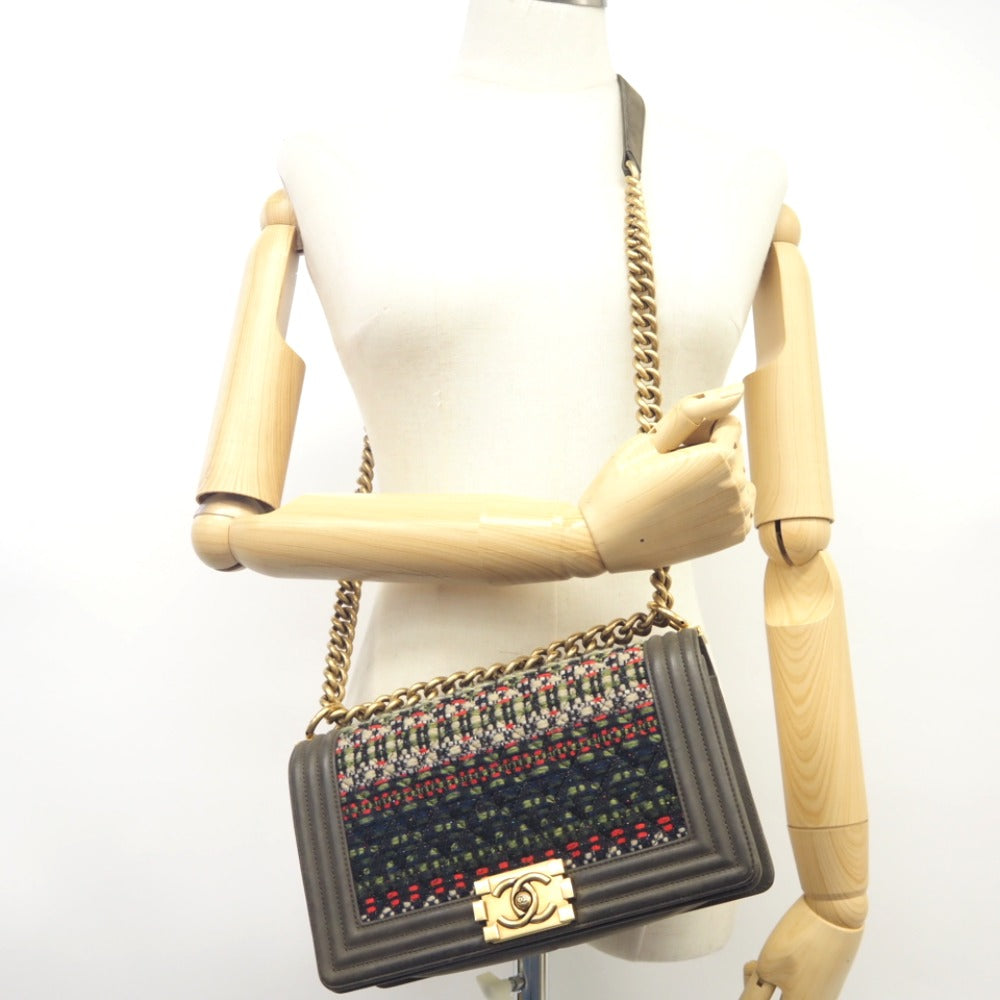 CHANEL Shoulder Bag Leather, Tweed khaki COCO Mark Boy Chanel