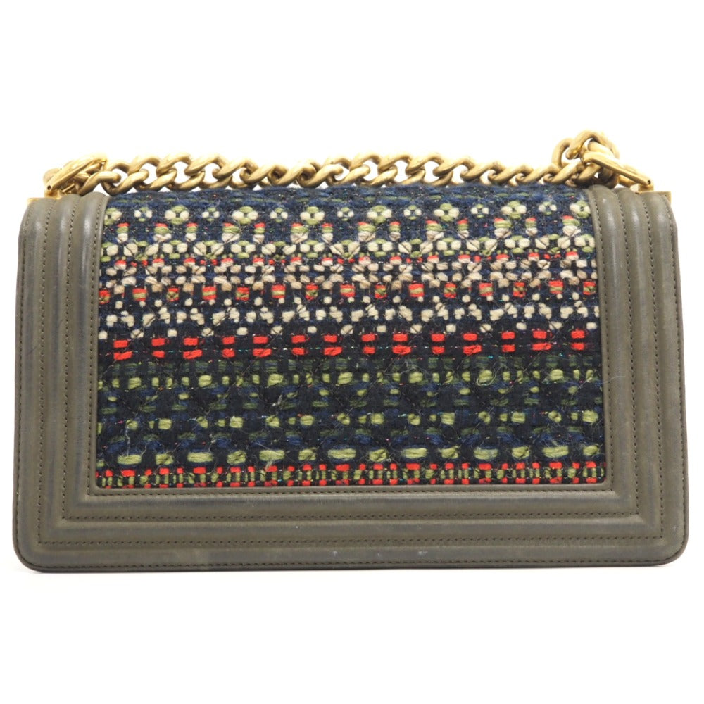 CHANEL Shoulder Bag Leather, Tweed khaki COCO Mark Boy Chanel