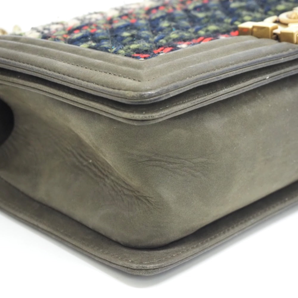 CHANEL Shoulder Bag Leather, Tweed khaki COCO Mark Boy Chanel