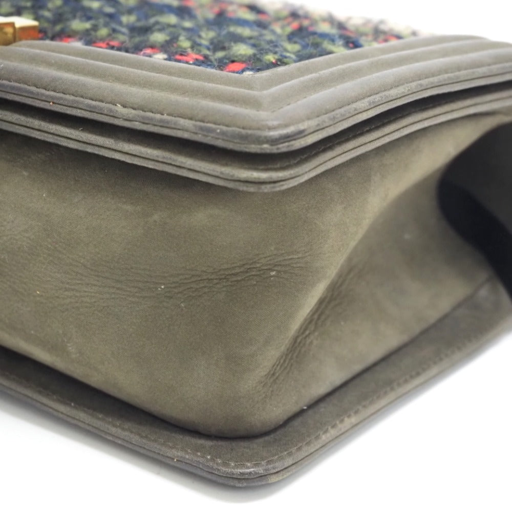 CHANEL Shoulder Bag Leather, Tweed khaki COCO Mark Boy Chanel