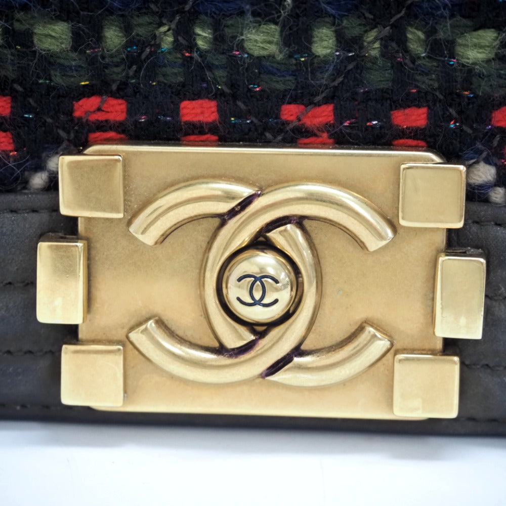 CHANEL Shoulder Bag Leather, Tweed khaki COCO Mark Boy Chanel