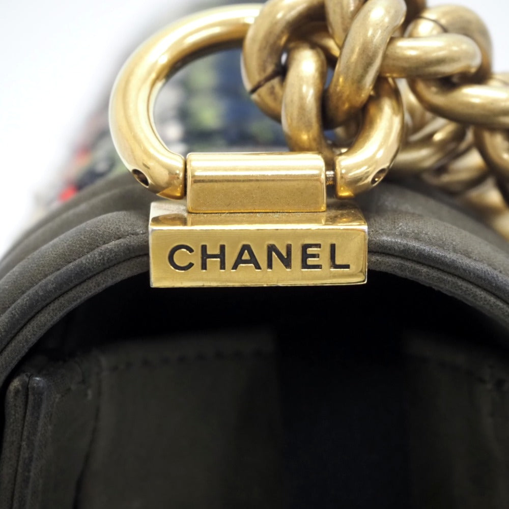 CHANEL Shoulder Bag Leather, Tweed khaki COCO Mark Boy Chanel