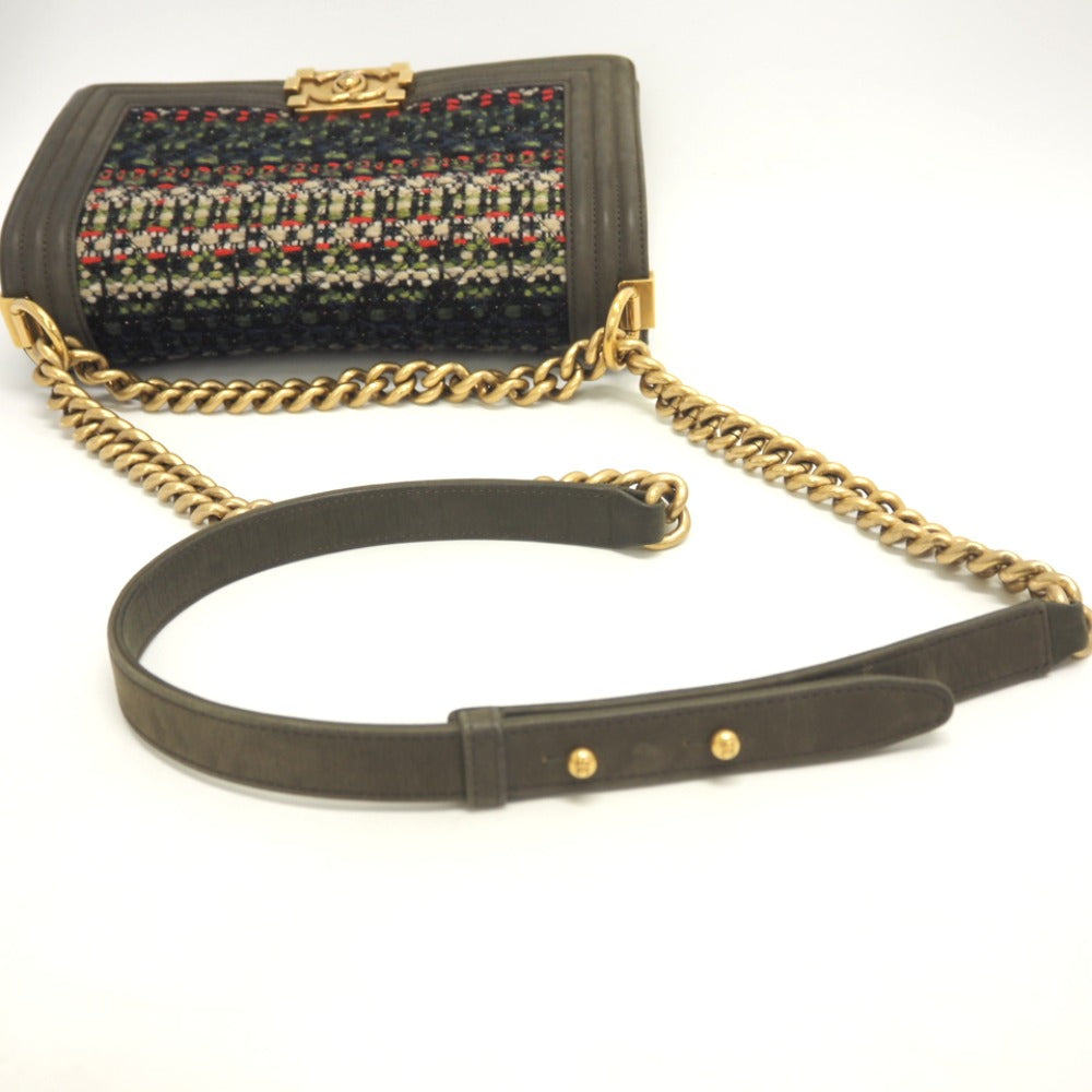 CHANEL Shoulder Bag Leather, Tweed khaki COCO Mark Boy Chanel