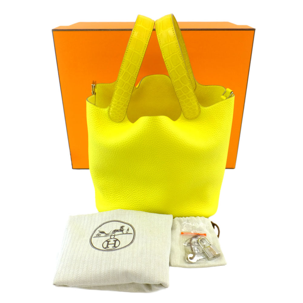 HERMES Hermes Picotin Lock MM Handbag Lime Yellow Silver G Clemence U Shapes Manufactured 2022 Cadena