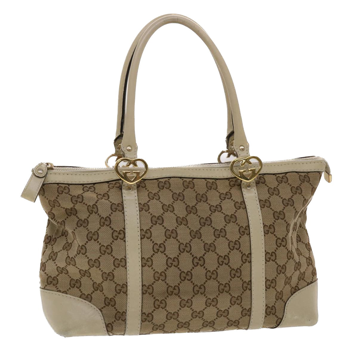 GUCCI GG Canvas Tote Bag Leather Beige 257069 am4730