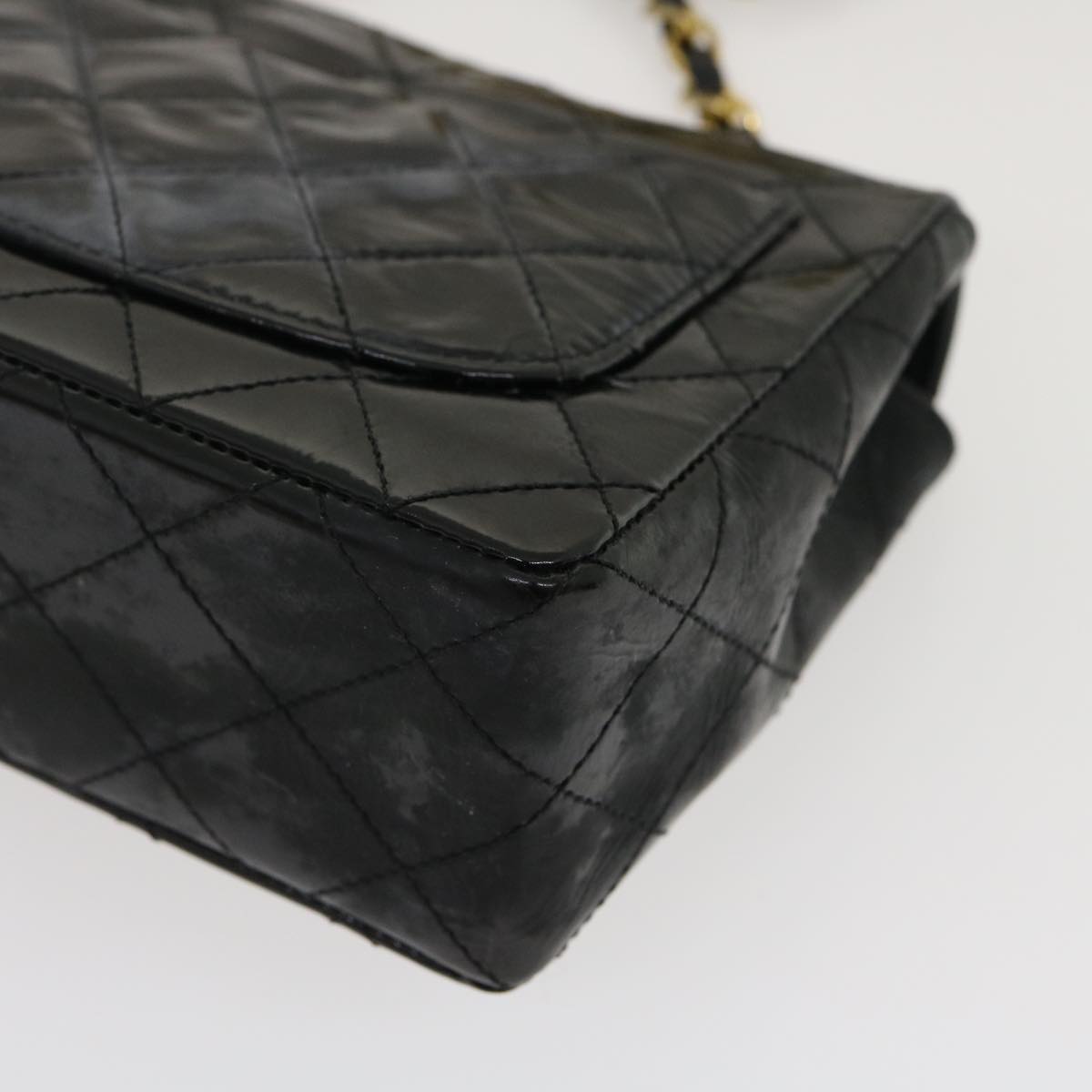 CHANEL Mini Matelasse Chain Flap Shoulder Bag Enamel Black Gold CC ar6839A