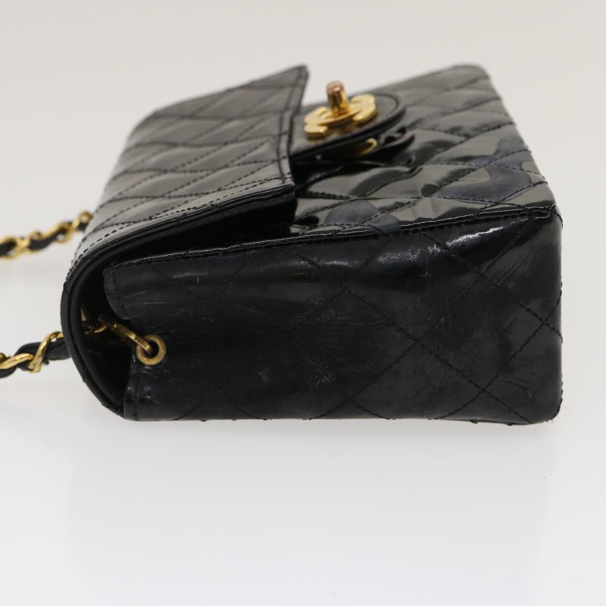 CHANEL Mini Matelasse Chain Flap Shoulder Bag Enamel Black Gold CC ar6839A