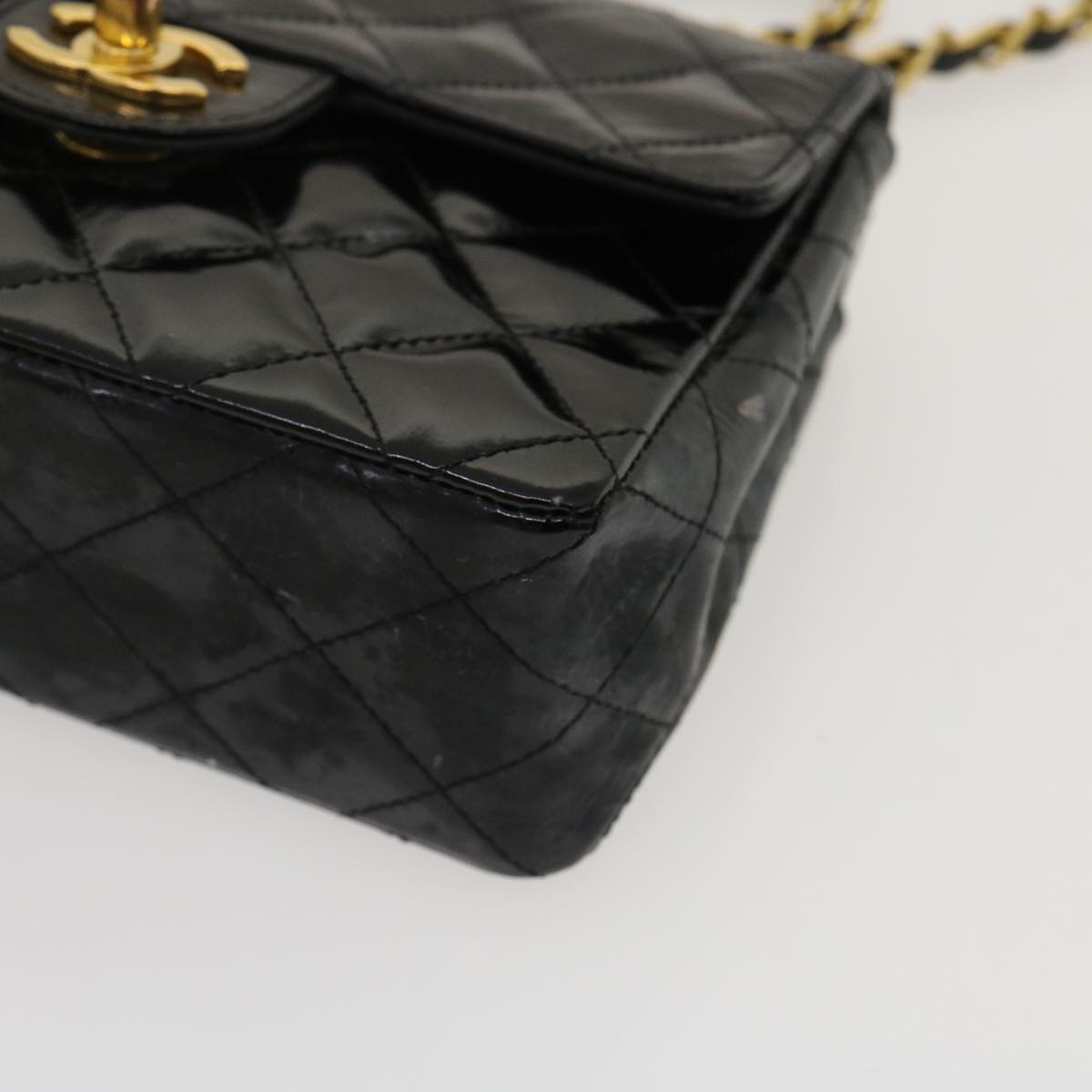 CHANEL Mini Matelasse Chain Flap Shoulder Bag Enamel Black Gold CC ar6839A