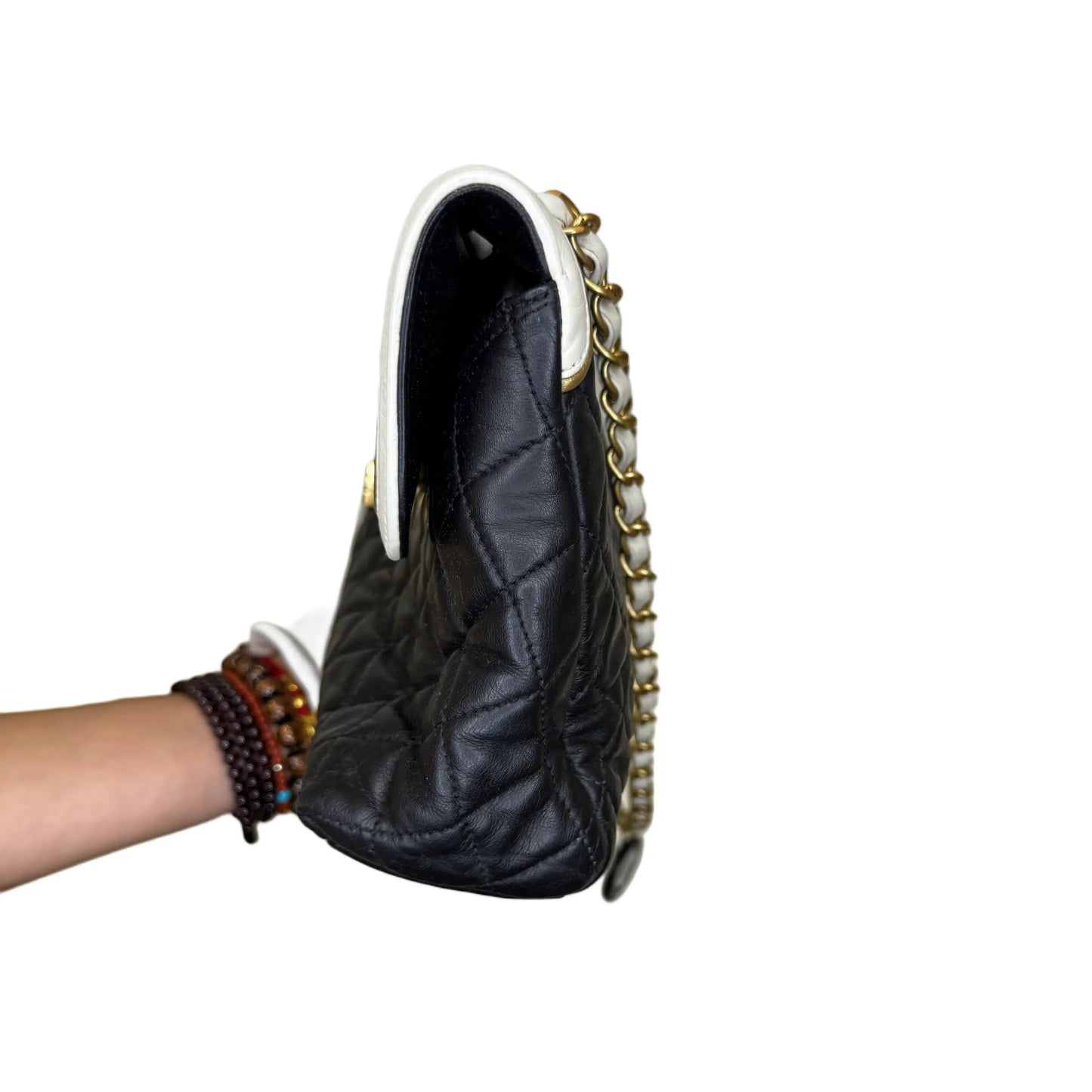 Chanel Glazed Calfskin 2.55 East West Mademoiselle Flap Black White B24-22