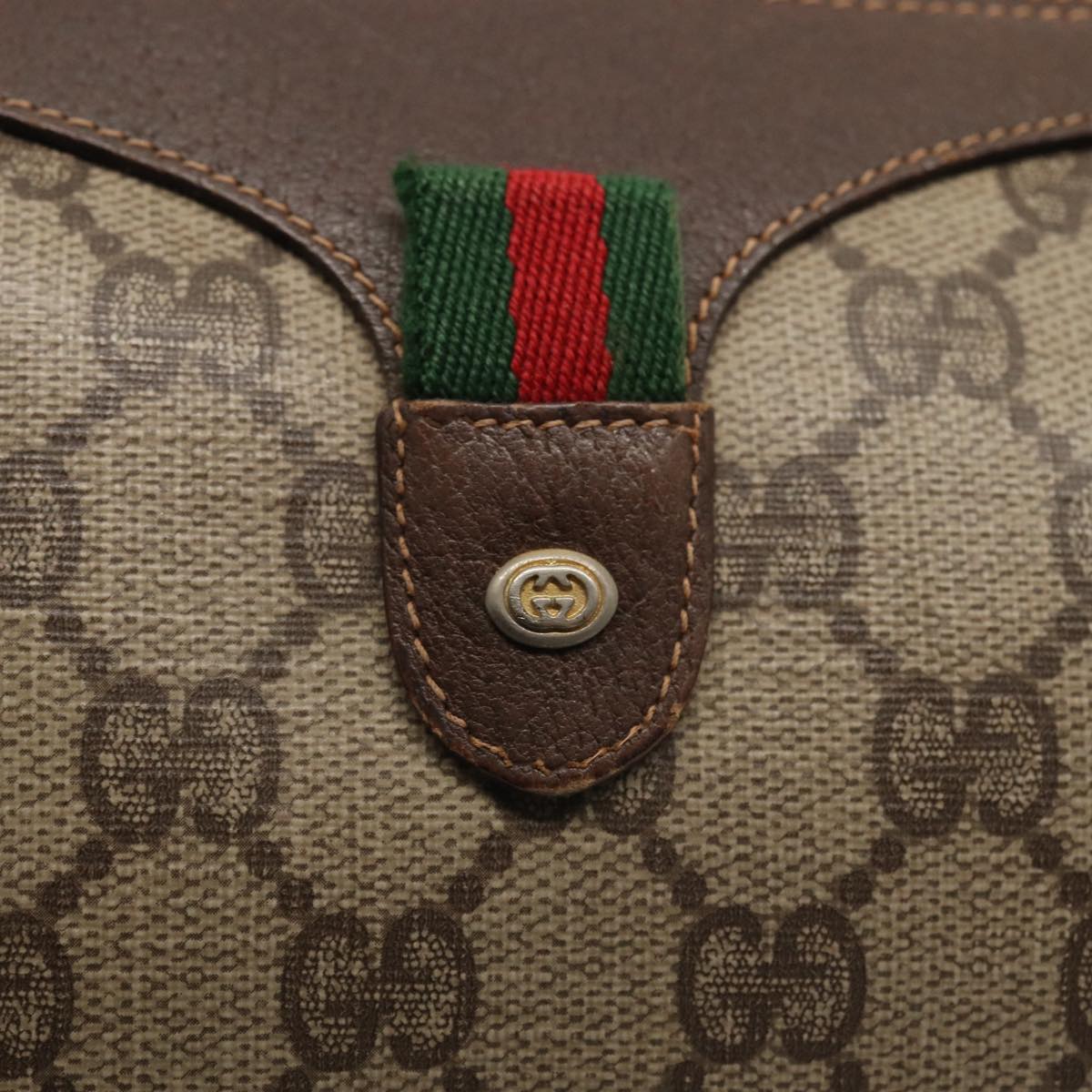 GUCCI GG Supreme Web Sherry Line Shoulder Bag PVC Beige Gold Auth bs16981