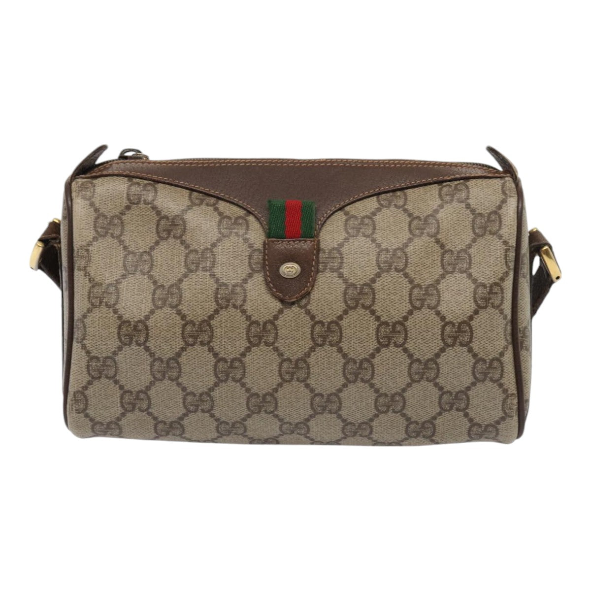 GUCCI GG Supreme Web Sherry Line Shoulder Bag PVC Beige Gold Auth bs16981
