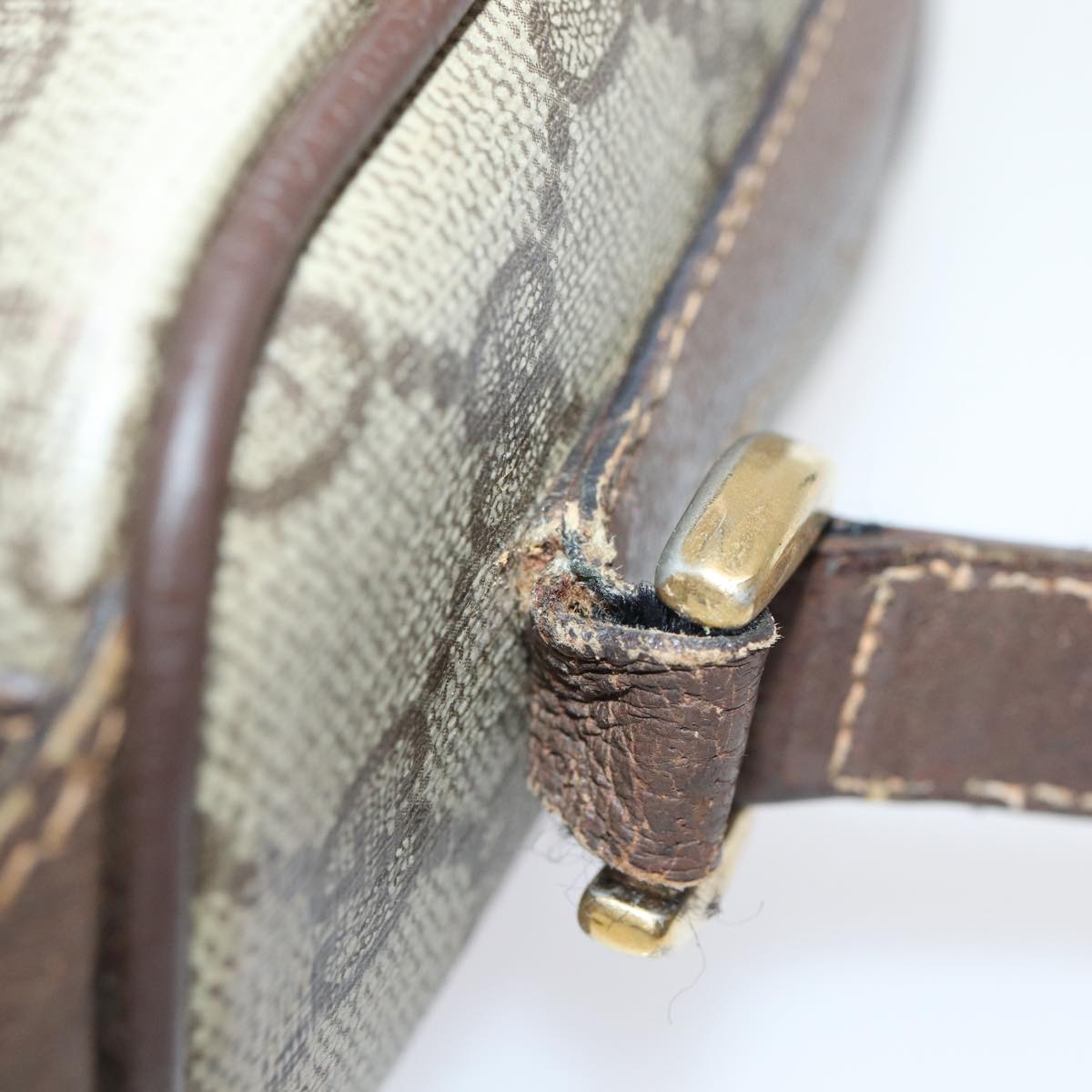 GUCCI GG Supreme Web Sherry Line Shoulder Bag PVC Beige Gold Auth bs16981