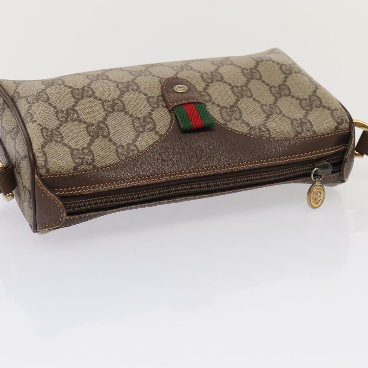 GUCCI GG Supreme Web Sherry Line Shoulder Bag PVC Beige Gold Auth bs16981