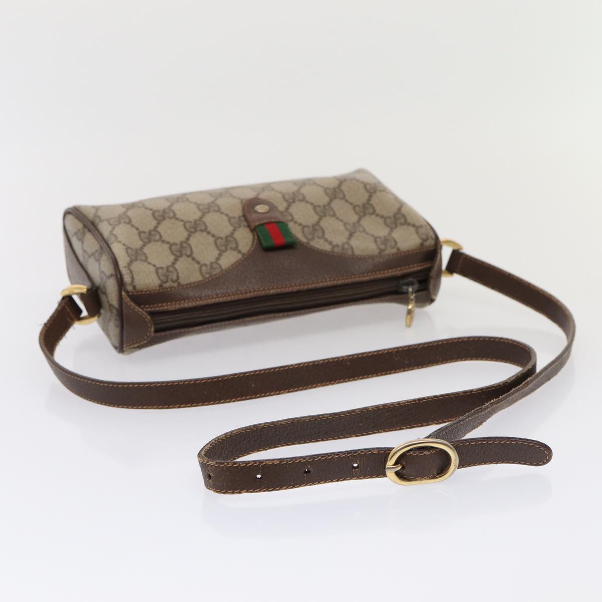 GUCCI GG Supreme Web Sherry Line Shoulder Bag PVC Beige Gold Auth bs16981
