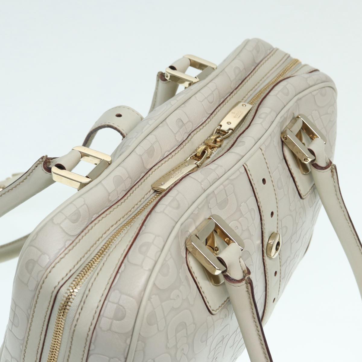 GUCCI Horsebit Shoulder Bag Leather Gold White 145770 Auth bs17324
